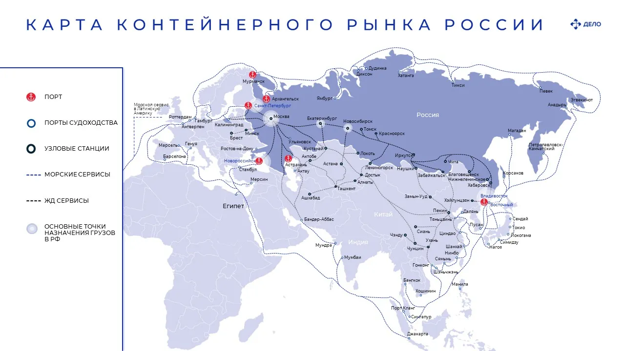 Карта контейнерного рынка России: морские и железнодорожные сервисы, порты и узловые станции от Калининграда до Корсакова